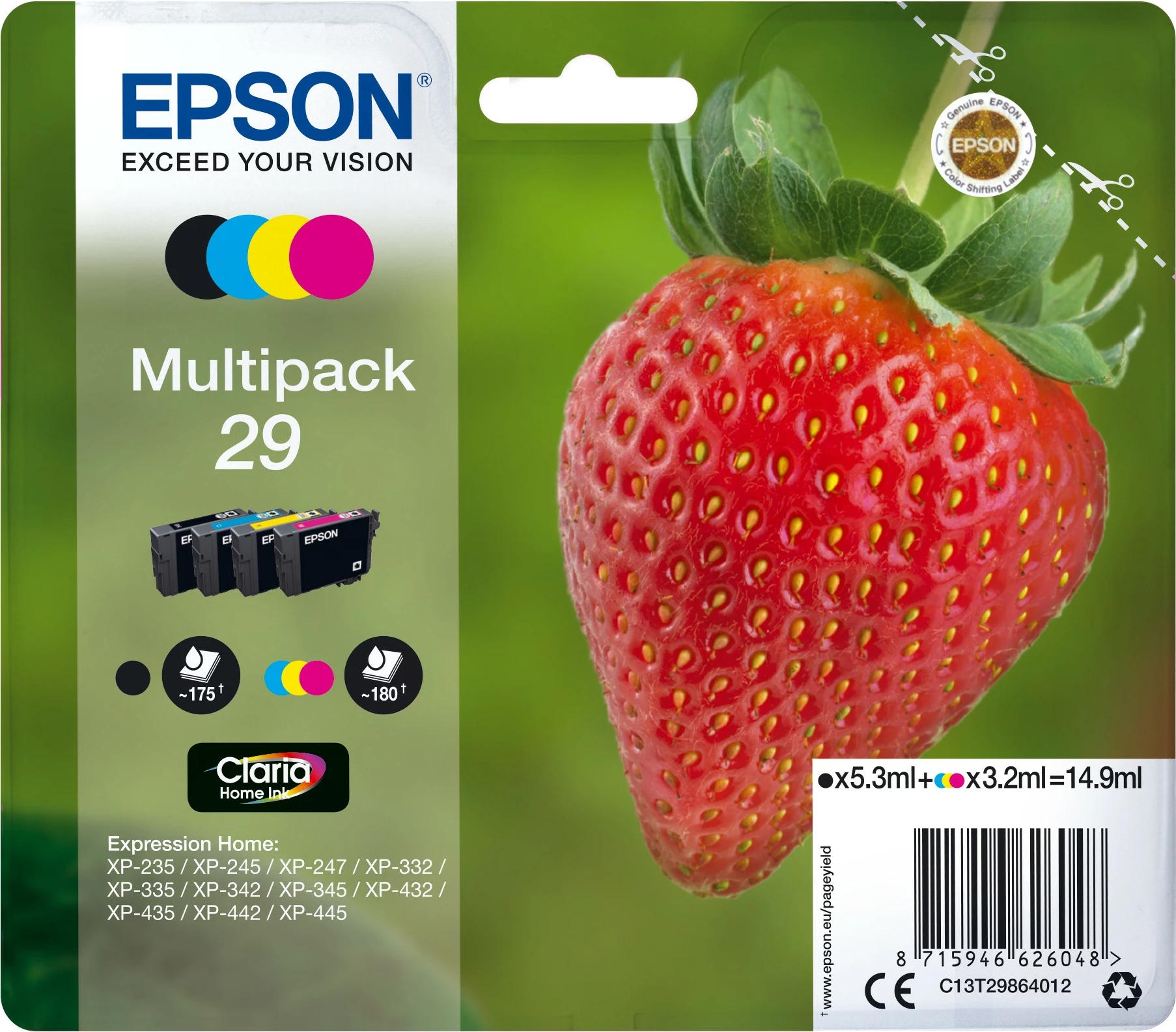 Epson Strawberry Multipack Ink 4 Colors 29 Claria Home Ink, Standard Yield, 5.3 ml, 3.2 ml, 1 piece, 175 pages | foleja.al