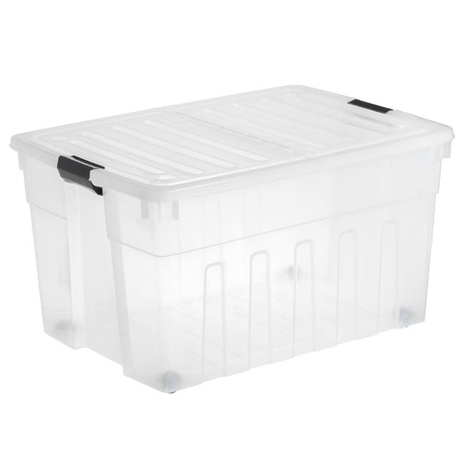 Plastic Storage Box Transparent Folding Lid &amp; Wheels 150lt