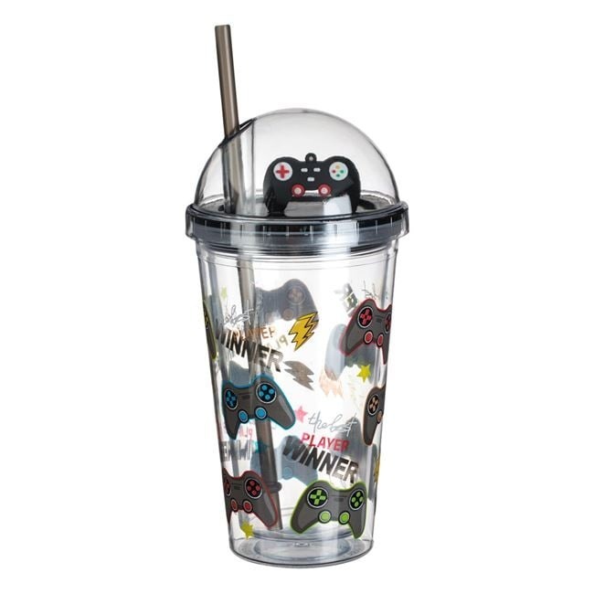 Plastic Cup with Straw Lid Black Gamer 475ml