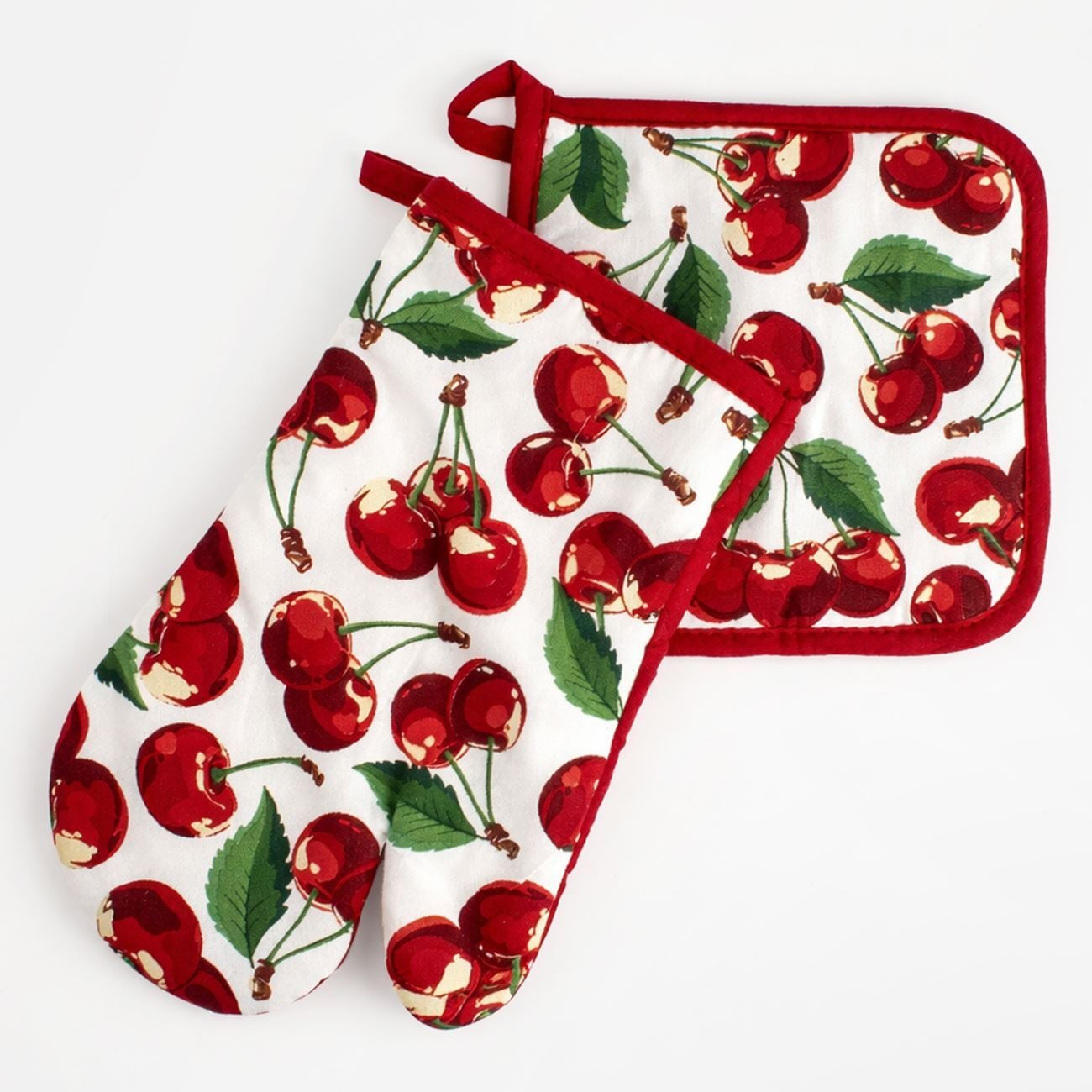 Cotton Oven Mitt & Potholder Set, Cherry Pattern