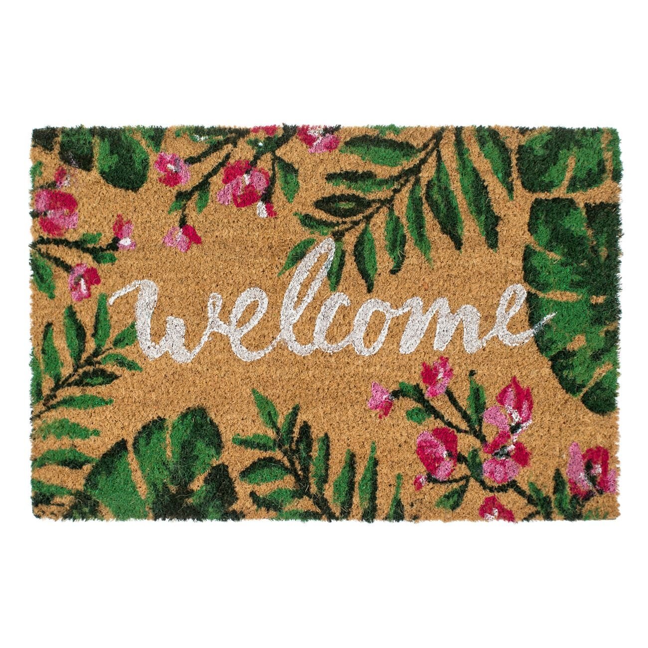 Tappeto d’ingresso Foglie tropicali e fiori “Welcome” 60x40 cm
