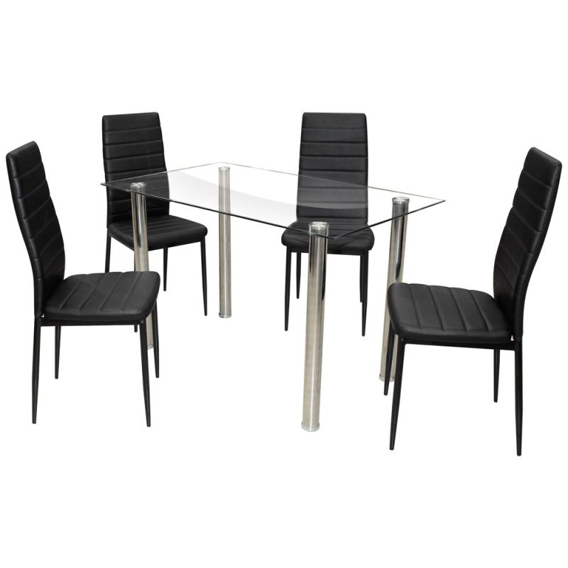 Tavolo pieghevole con 4 sedie, struttura metallica, vetro e PVC, trasparente/nero, tavolo 120x70xH75 cm; sedia 39x41xH97 cm