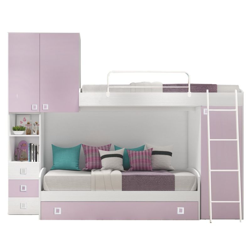 Bed 2-person with furniture, melamine, pink, 295x86.5xH236 cm