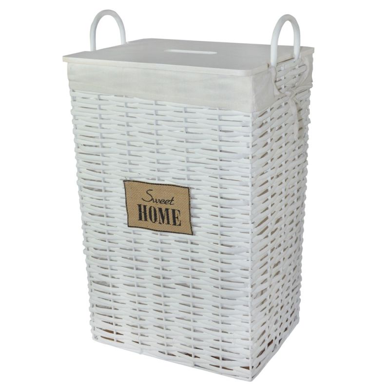 Basket with knitting, towel and textile, white, 43x34xH57-63 cm