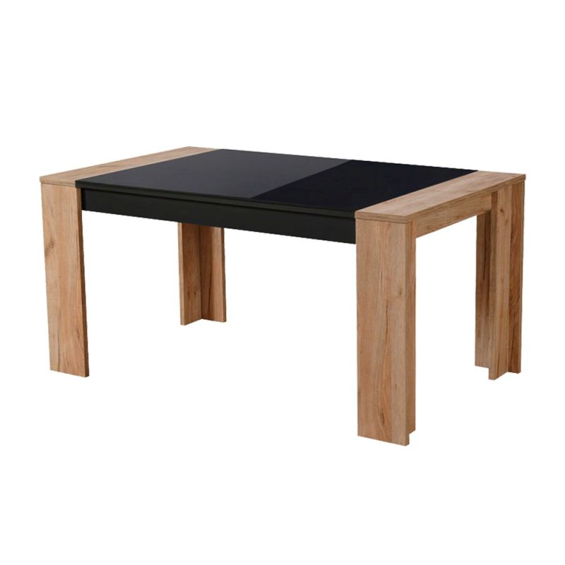 Dining table, TOLEDO, melamine and 6mm glass, floriri wood / black glass, 154x90.5xH75 cm