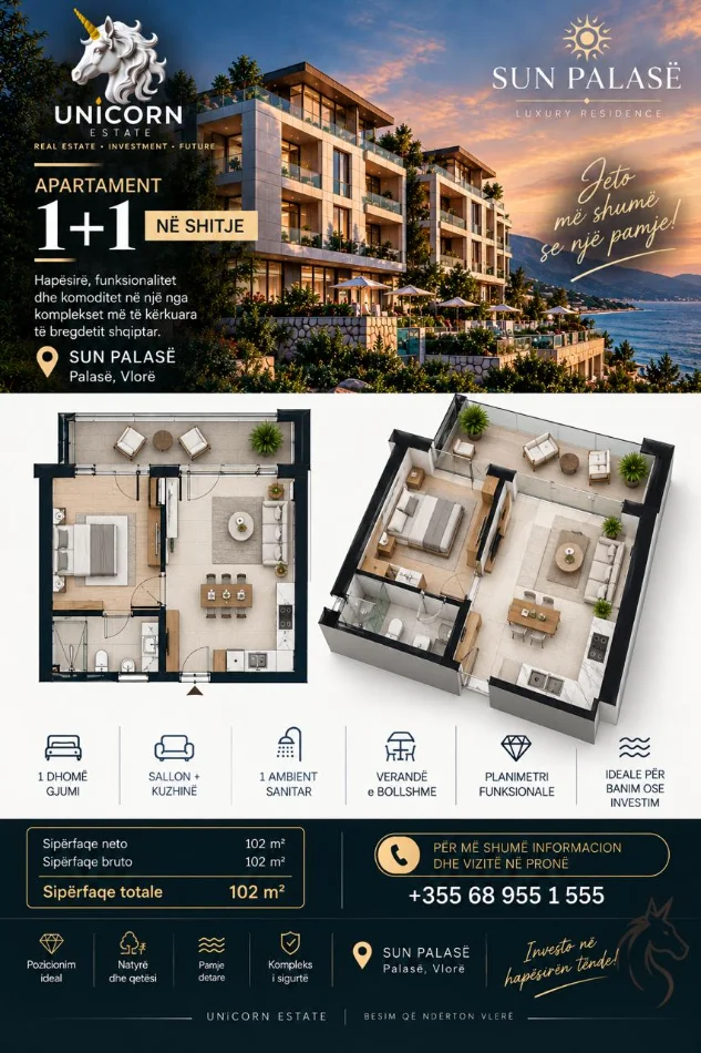 Vlore, 1+1 Apartment with Balcony for Sale, 3rd Floor